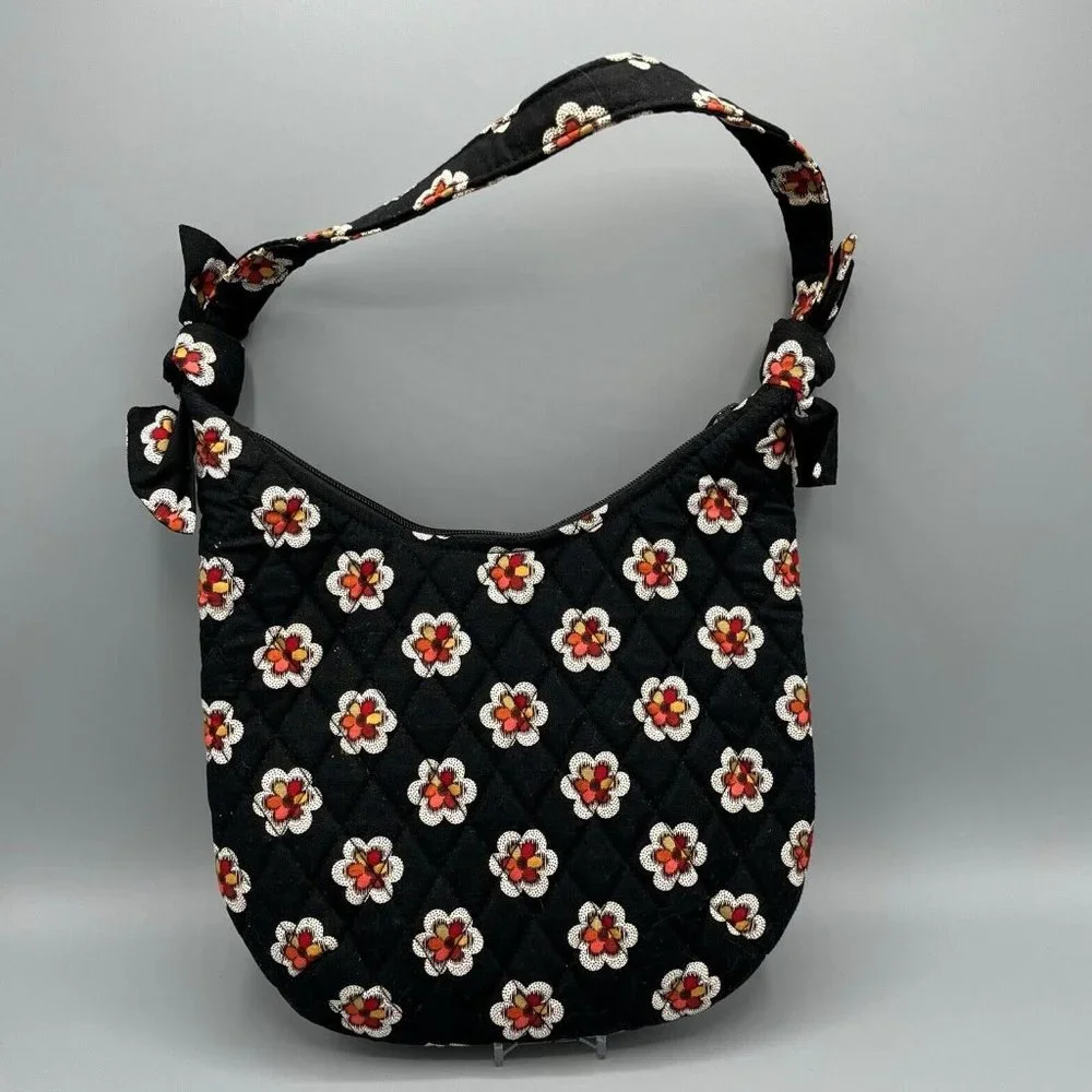 Vera Bradley Mini Hobo Shoulder Bag Black Pirouette Pattern Floral Black & Red
